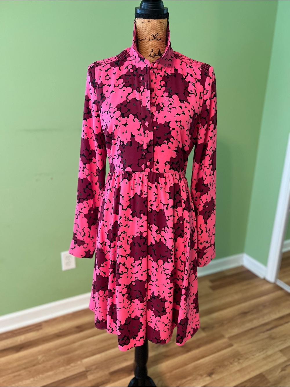 Bright Pink Floral Print Long-Sleeve Dress